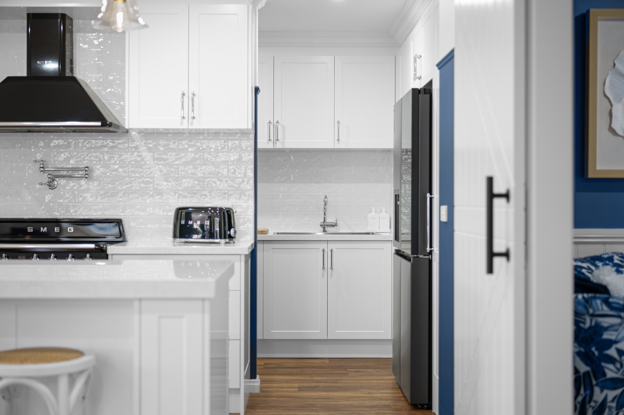 Detail of an Australian-made kitchen showing splashback and benchtop